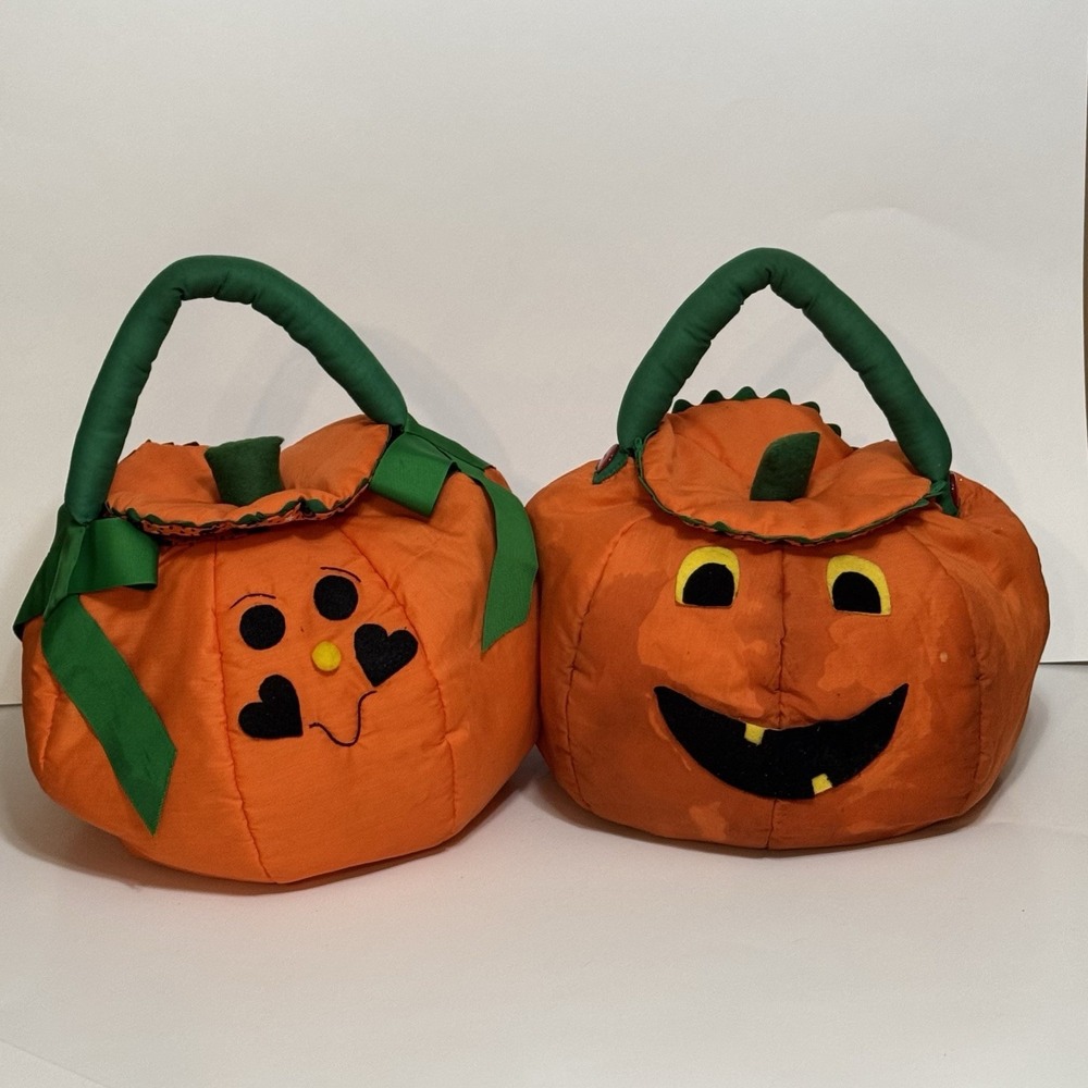 Vintage Fabric Pumpkin Jack-O-Lantern Halloween Pail Buckets Trick Or Treat Pair